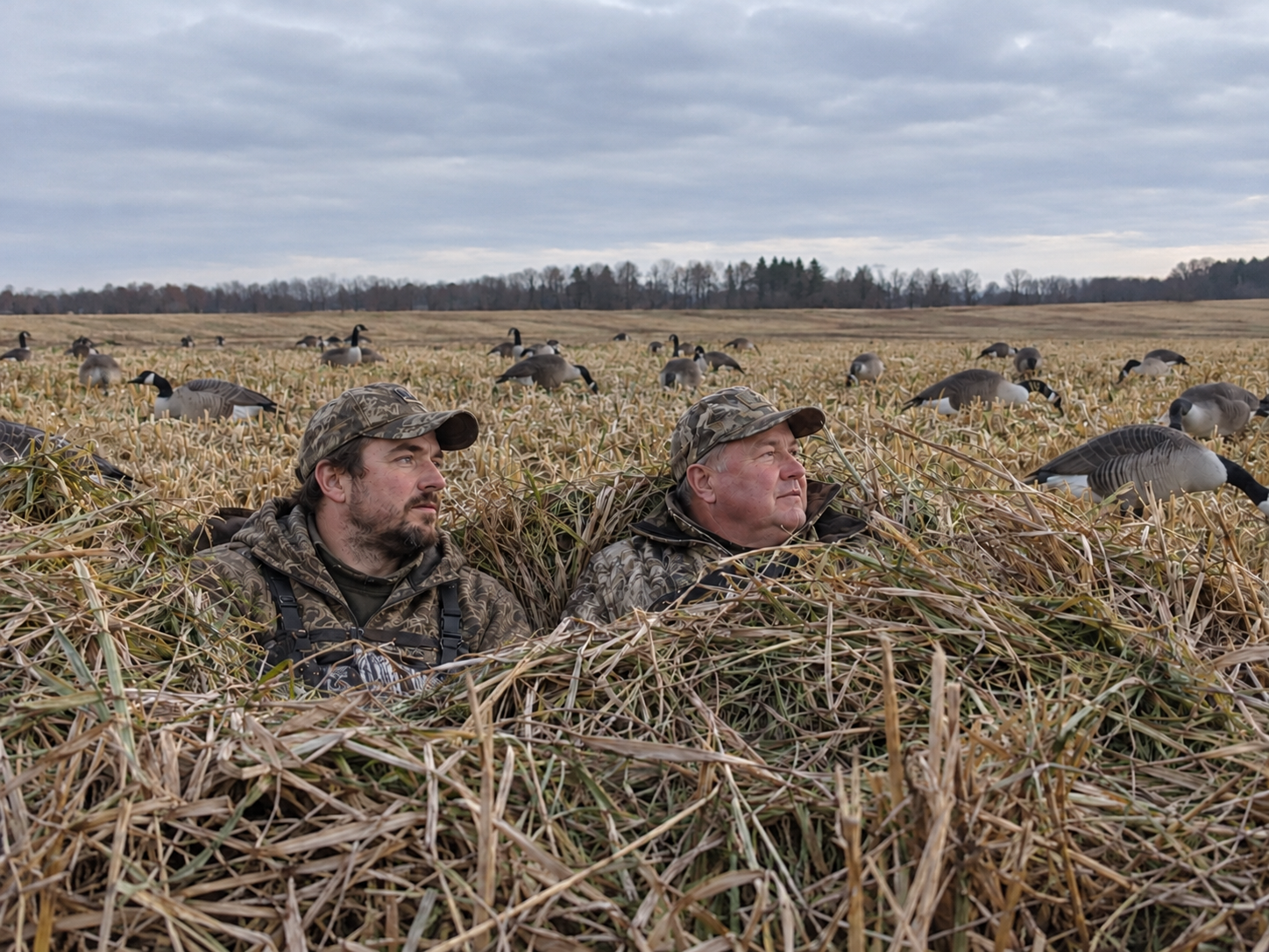 Two adult goose hunters waiting in layout blinds among field decoys