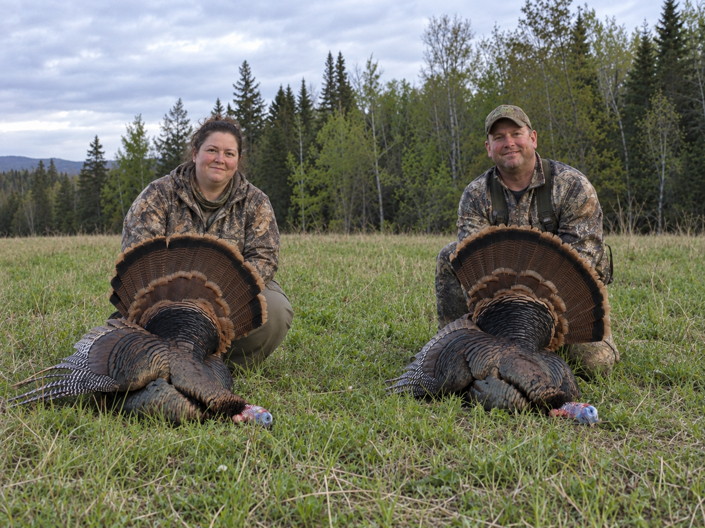 Two adult hunters posing with harvested wild turkeys in a grassy clearing