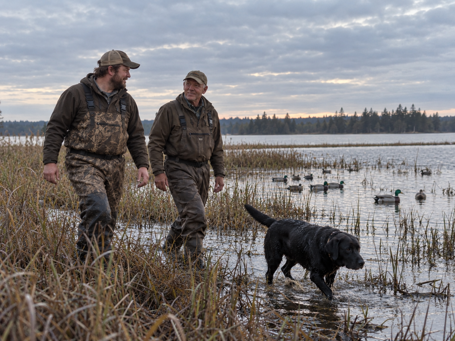 Two adult waterfowl hunters and a Labrador beside a marsh with duck decoys
