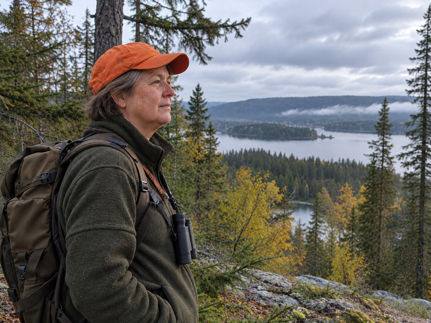 Adult woman in an orange cap with binoculars in woodland